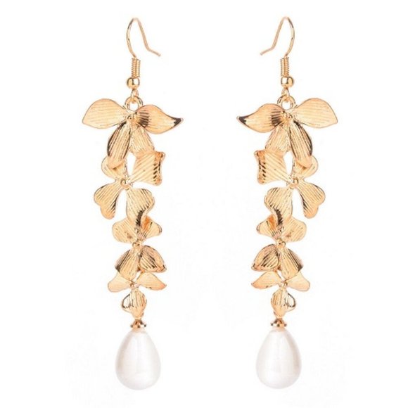 Elegant Gold Tone Orchid Drop Dangle Earrings - Picture 3 of 5